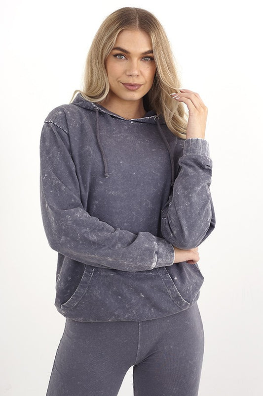Grey Acid Wash Drawstring Hoodie