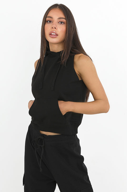 Black Plain Sleeveless Hooded Sweatshirt
