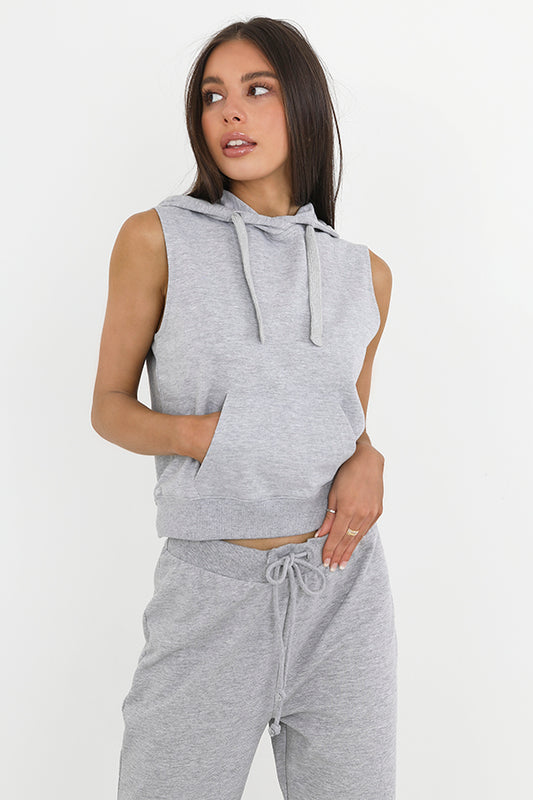 Grey Marl Plain Sleeveless Hooded Sweatshirt
