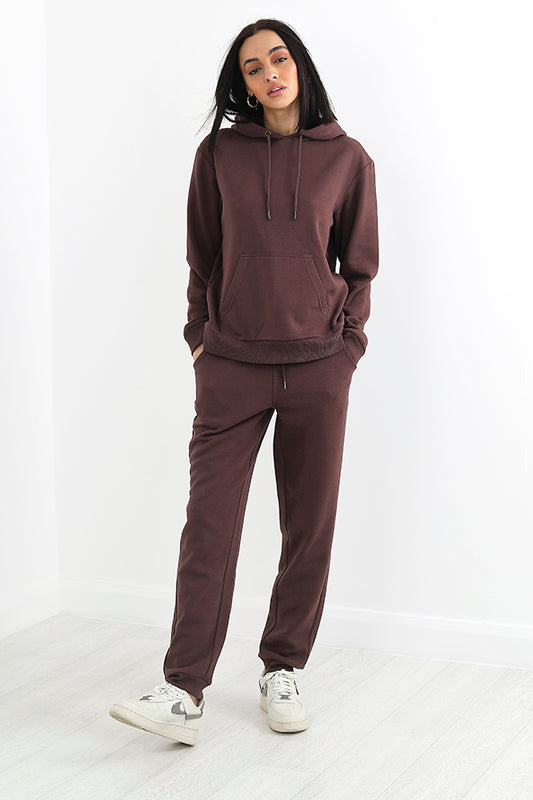 Chocolate Brown Plain Drawstring Hooded Sweatshirt