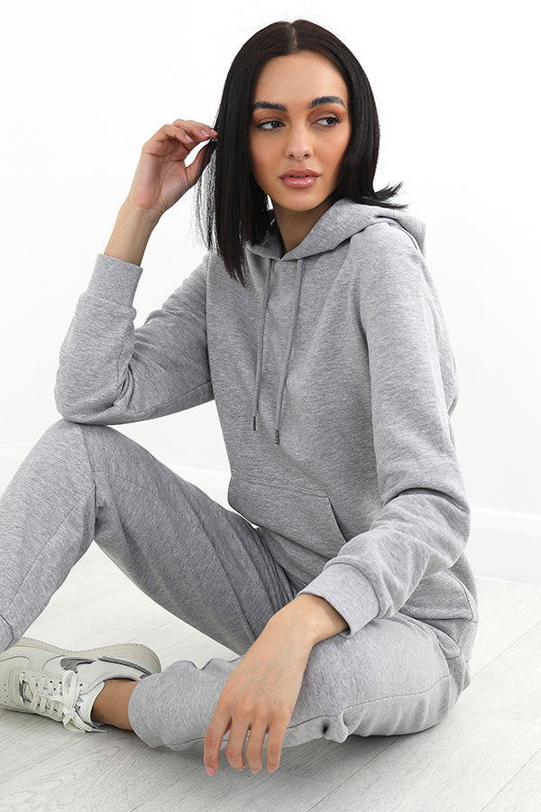 Light Grey Melange Drawstring Pouch Pocket Hoodie