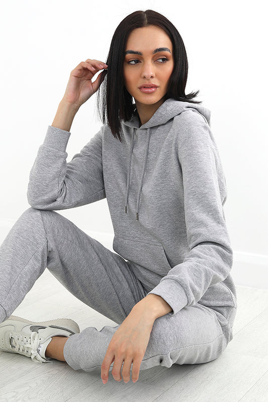 Light Grey Melange Drawstring Pouch Pocket Hoodie