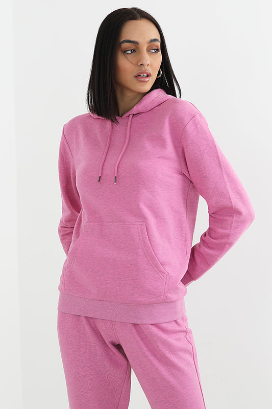 Pink Melange Drawstring Pouch Pocket Hoodie