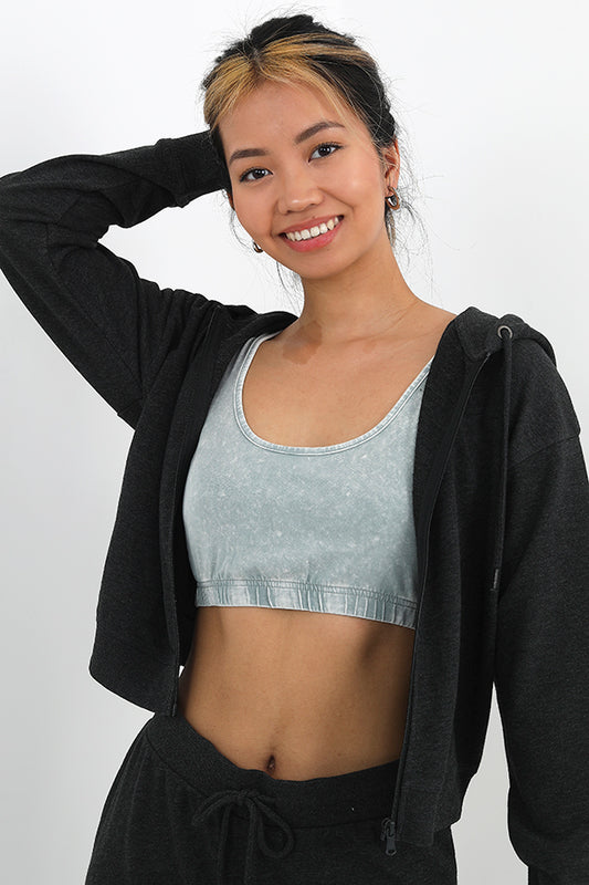 Charcoal Marl Cropped Zip Through Hooded Sweatshirt