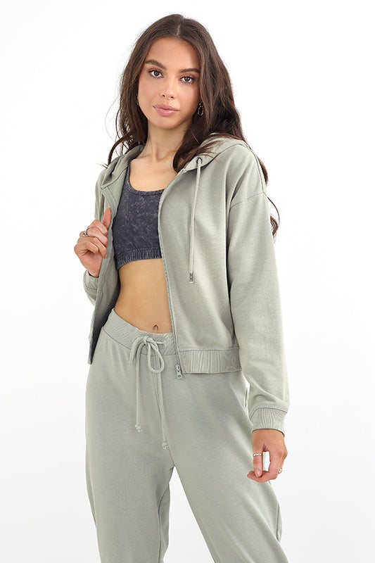 Khaki Cropped Zip Through Hooded Sweatshirt