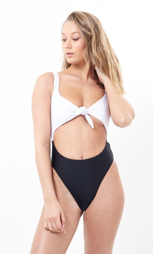 Monochrome Tie Front Cut Out Swimsuit