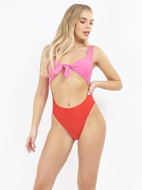 Block Colour Tie Front Cut Out Swimsuit