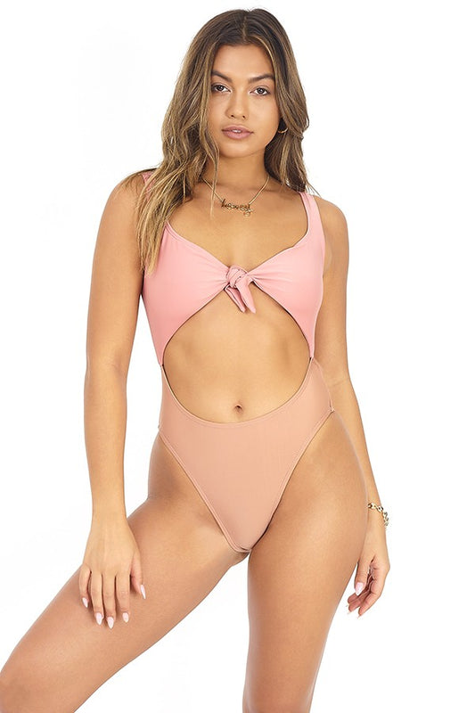 Colour Block Cut Out Swimsuit With Tie Front Detail