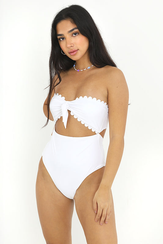 White Scalloped Strapless Cut Out Swimsuit