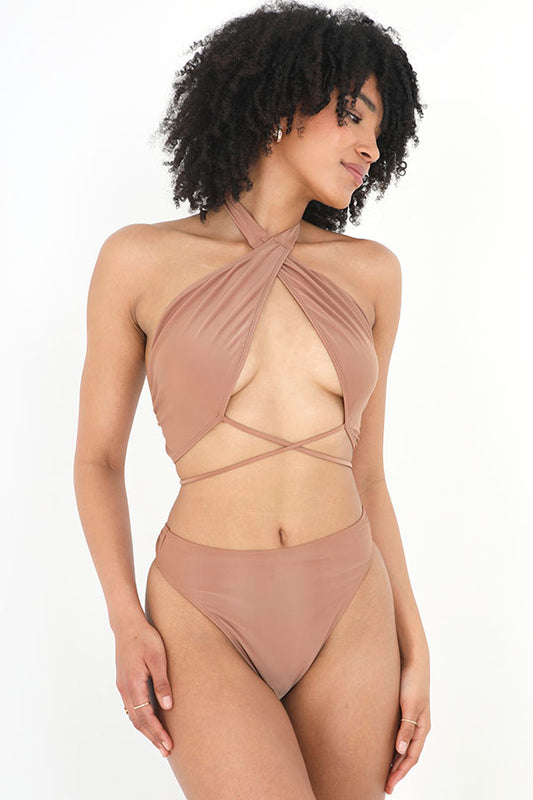 Brown Plain High Waisted Bikini Bottoms