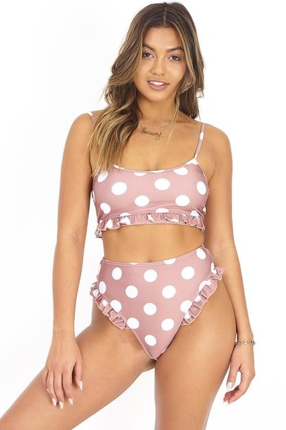 Polka Dot Print Bikini Top With Frilled Hem