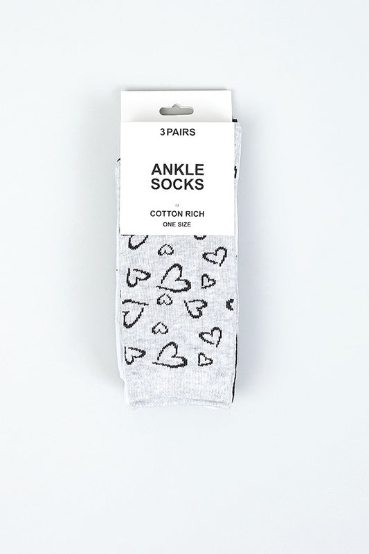 Heart Design Three Pack Ankle Socks