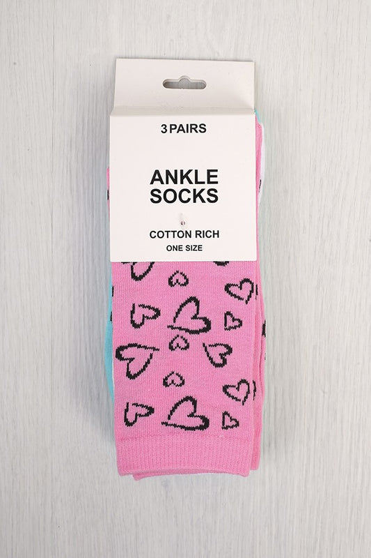 Three Pack Heart Design Ankle Socks