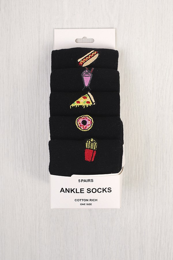 Fast Food Design Five Pack Black Ankle Socks