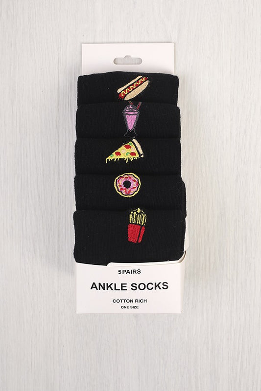 Fast Food Design Five Pack Black Ankle Socks