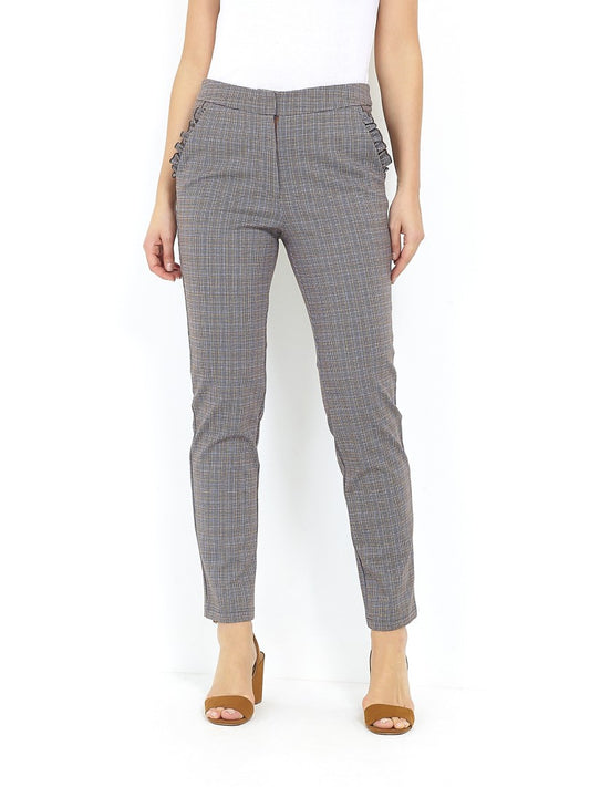 Frill Detail Checked Slim Leg Trousers