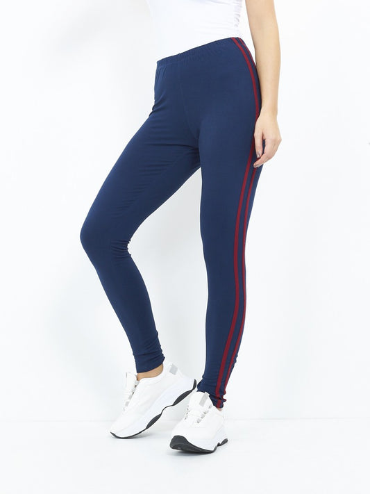 Double Stripe Side Navy Blue Leggings
