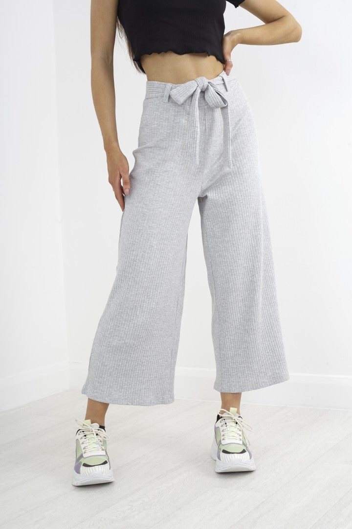 Grey Marl Wide Leg All Over Rib Belted Trousers