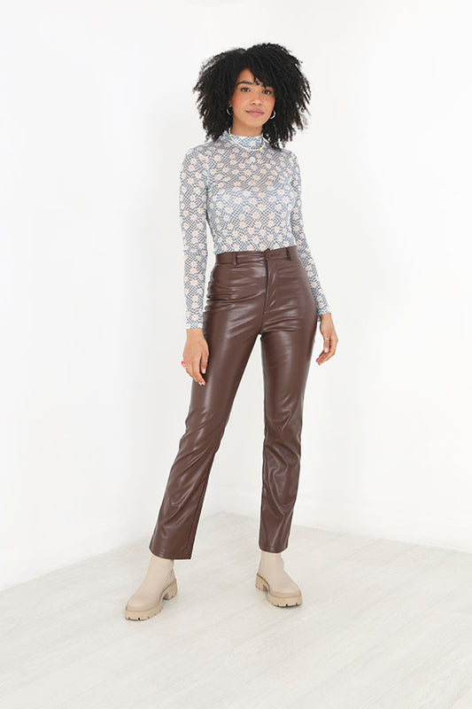 Brown Faux Leather High Waist Straight Leg Trousers