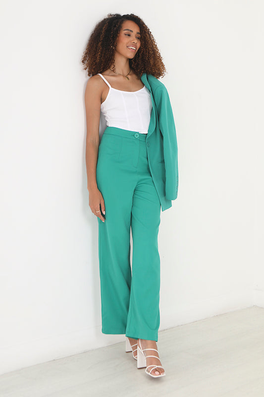 Wholesame Green High Waisted Wide Leg Tailored Trousers