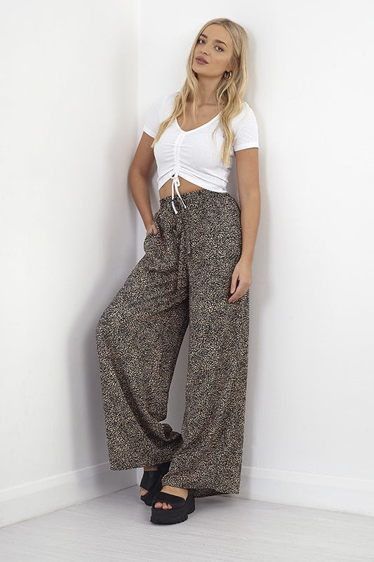 Contrasting Printed Wide Leg Belted Trousers