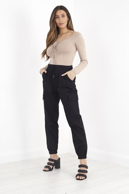 Black Full Length Elasticated Waist Cargo Pants