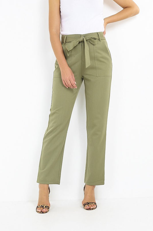 Stitching Detail Belted Straight Leg Trousers