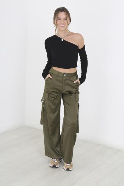 Khaki Wide Leg Satin Utility Cargo Trousers