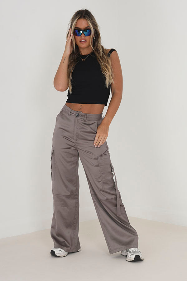 Slate Wide Leg Satin Utility Cargo Trousers