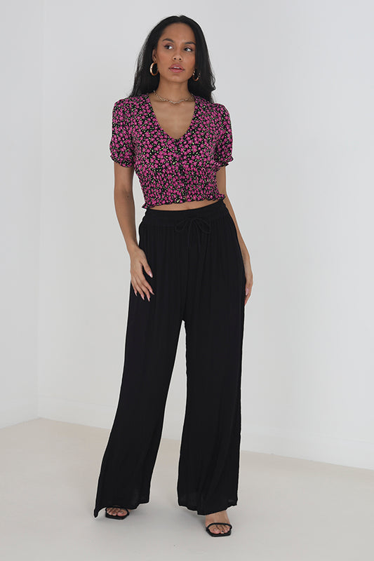 Black Tie Up Waist Relaxed Fit Woven Trousers