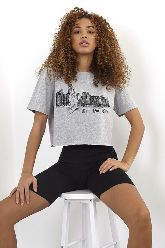 New York Skyline Print Cropped T-Shirt