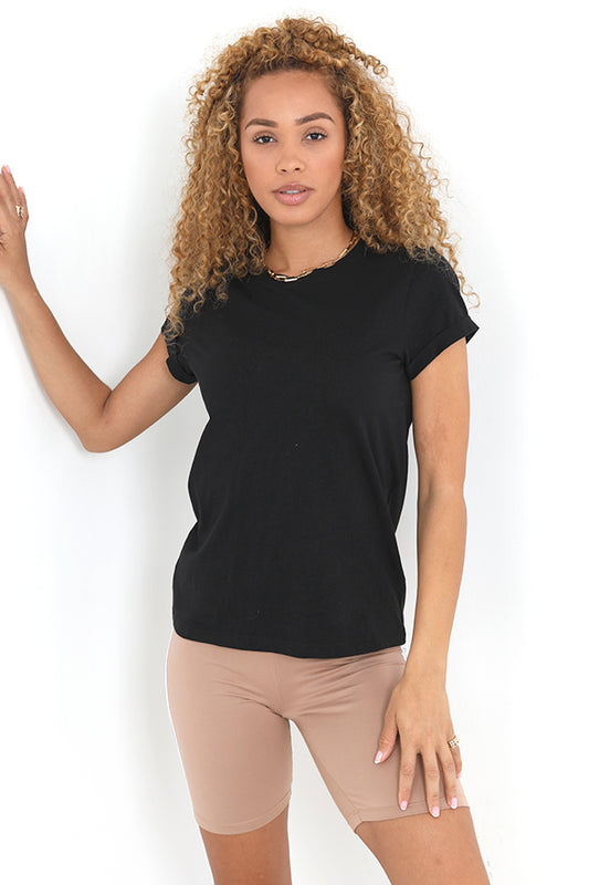 Black Roll Up Cuff Detail Crew Neck T-Shirt