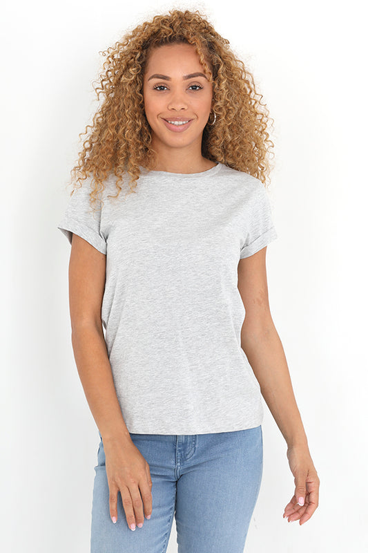 Grey Marl Plain Roll Up Cuff Sleeve T-Shirt