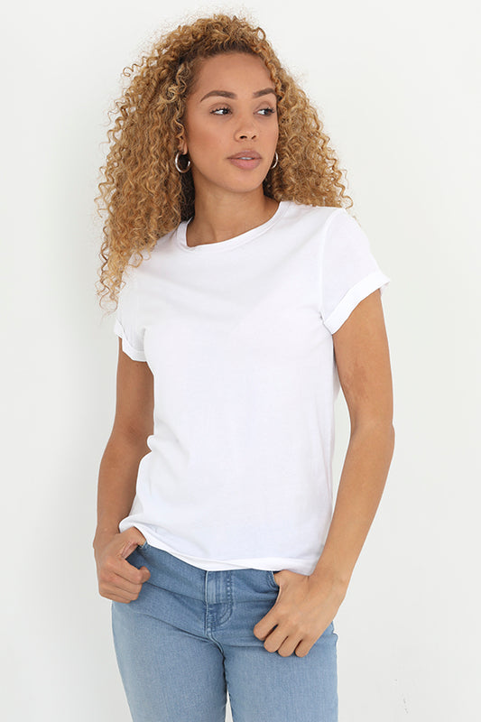 White Plain Roll Up Cuff Sleeve Crew Neck T-Shirt