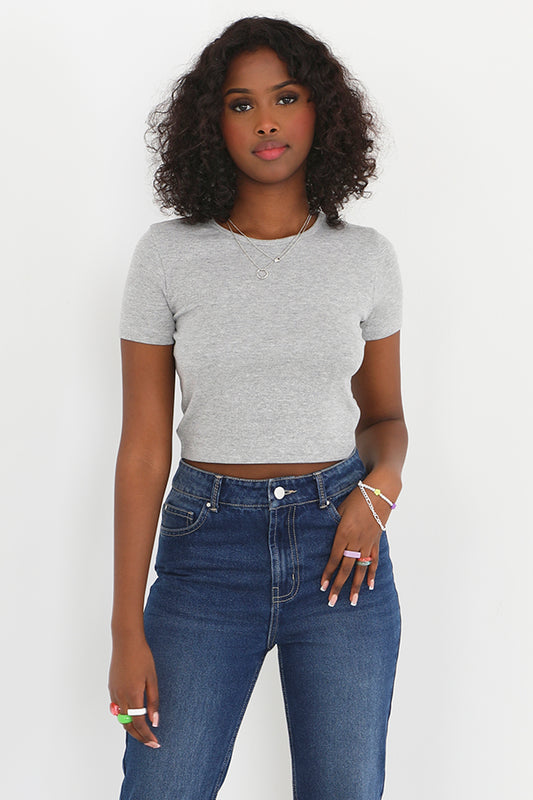 Grey Marl Plain Ribbed Cropped Crew Neck Tshirt