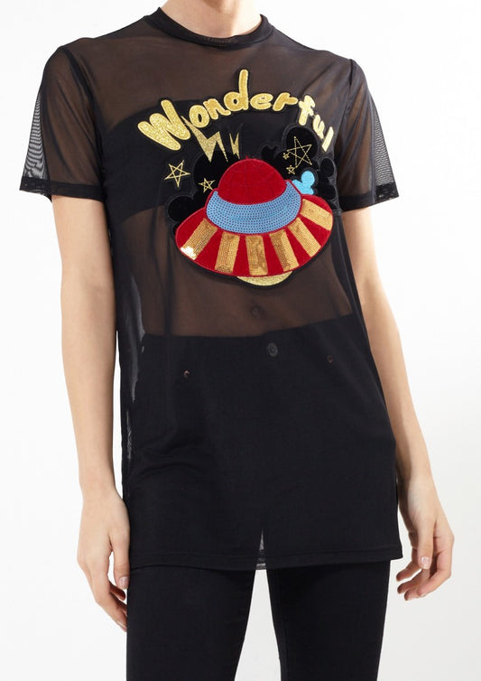 Wonder Sequin Detail Longline Sheer Mesh T-Shirt