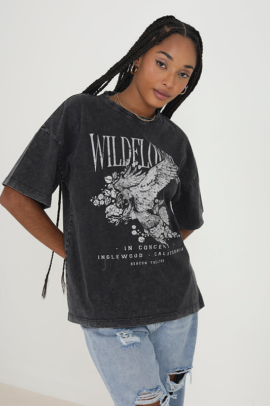 Charcoal Acid Wash Oversized Graphic Eagle T-Shirt
