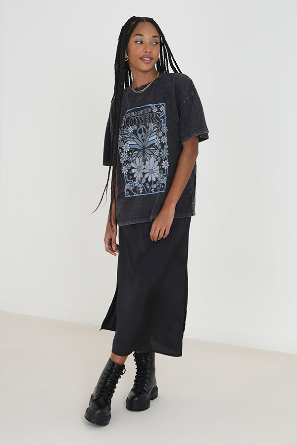 Acid Wash Crew Neck Graphic Flower Print Tee