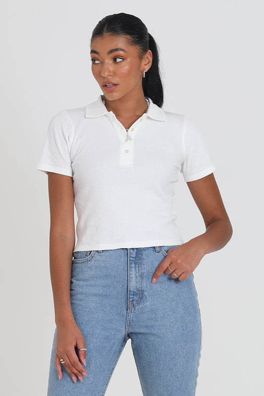 Ribbed V-Neck Short Sleeve Cropped Tee
