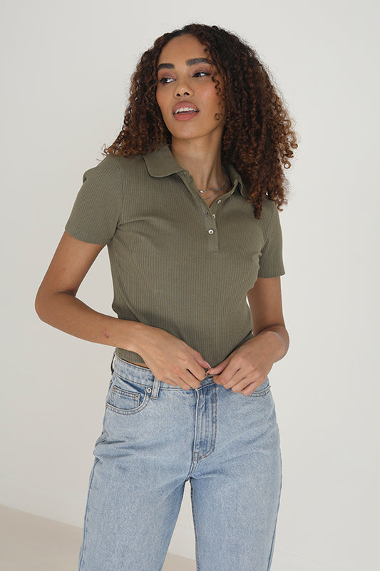 Solid Ribbed V-Neck Short Sleeve Cropped Tee