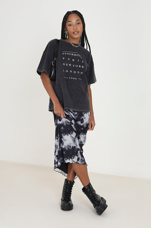 Charcoal Acid Wash 'Paris Ny London' Print Tee
