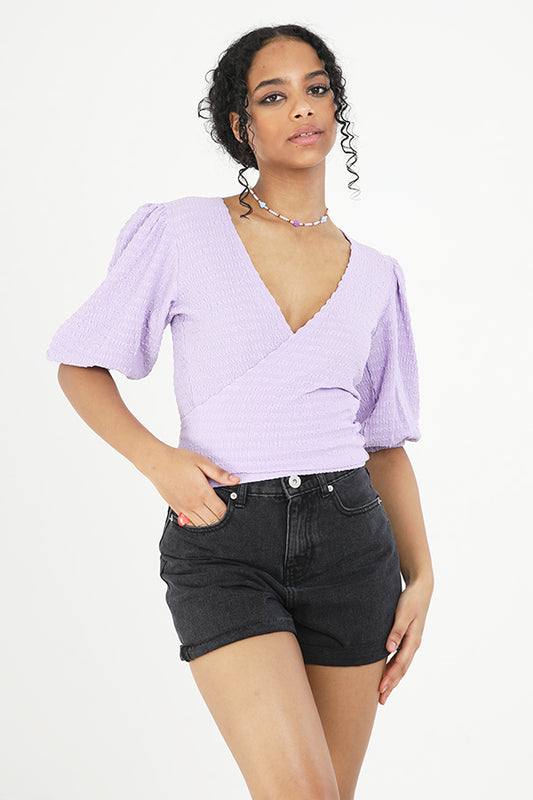 Textured Puff Sleeve Wrap Style V-Neck Tshirt