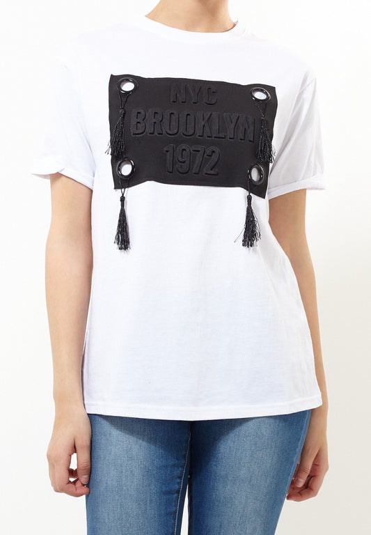 Embossed Brooklyn Design Tassel T-Shirt