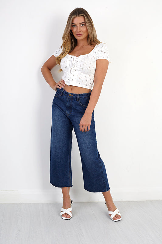 Lace Up Front Detail Broderie T-Shirt