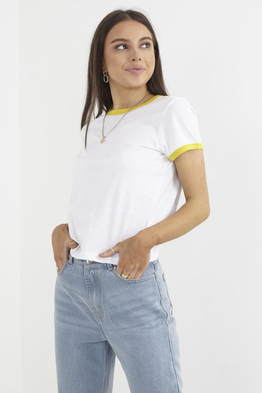 Sulphur Colour Rib Trim Crew Neck Ringer T-Shirt