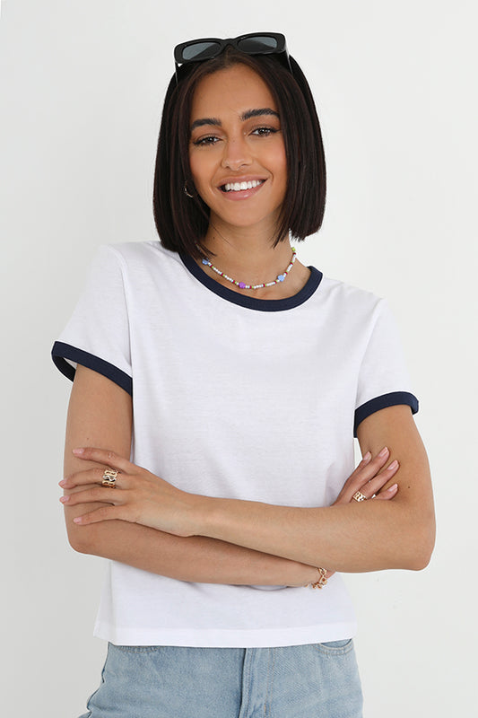 Navy Rib Trim Crew Neck Ringer T-Shirt