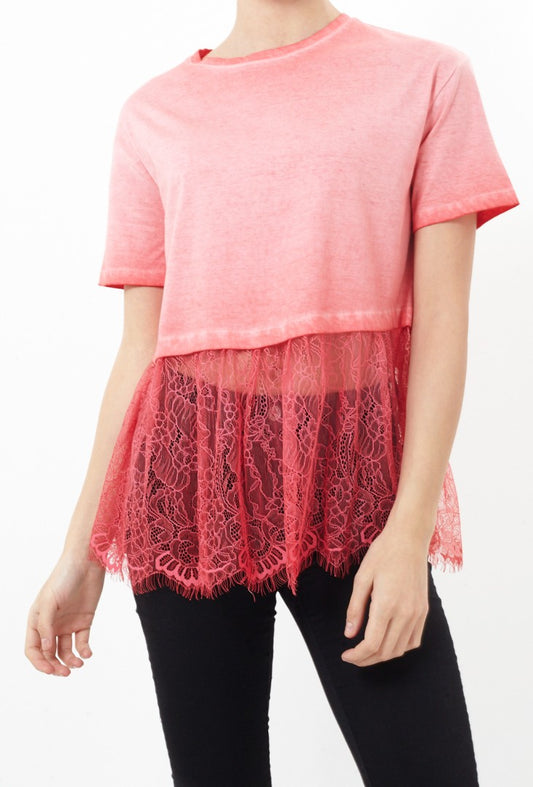 Lace Hem Cold Washed Split Back T-Shirt