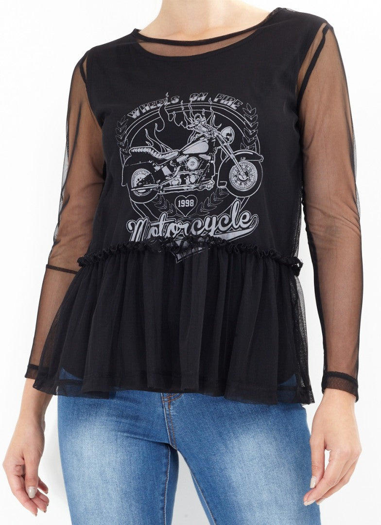 Sheer Mesh Layer Peplum Hem Biker Print Top