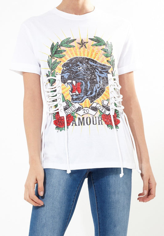Tattoo Chest Print Lace-Up T-Shirt