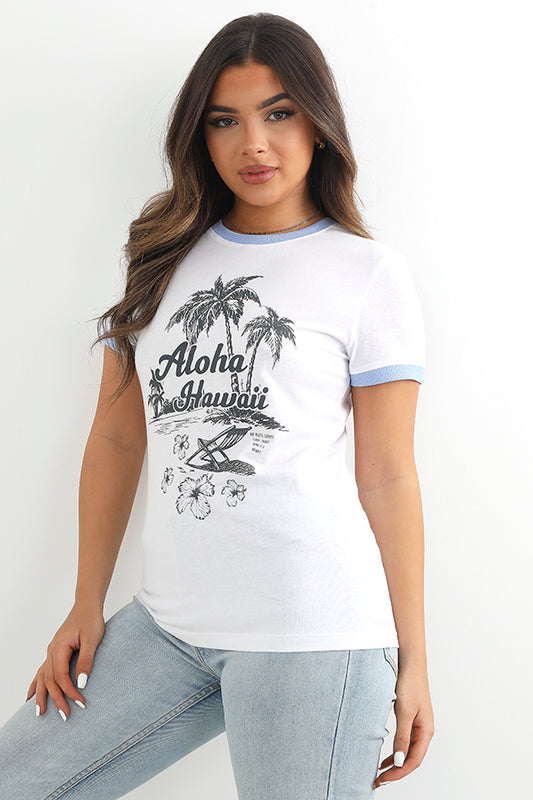 Aloha Hawaii Print Crew Neck Ringer T-Shirt